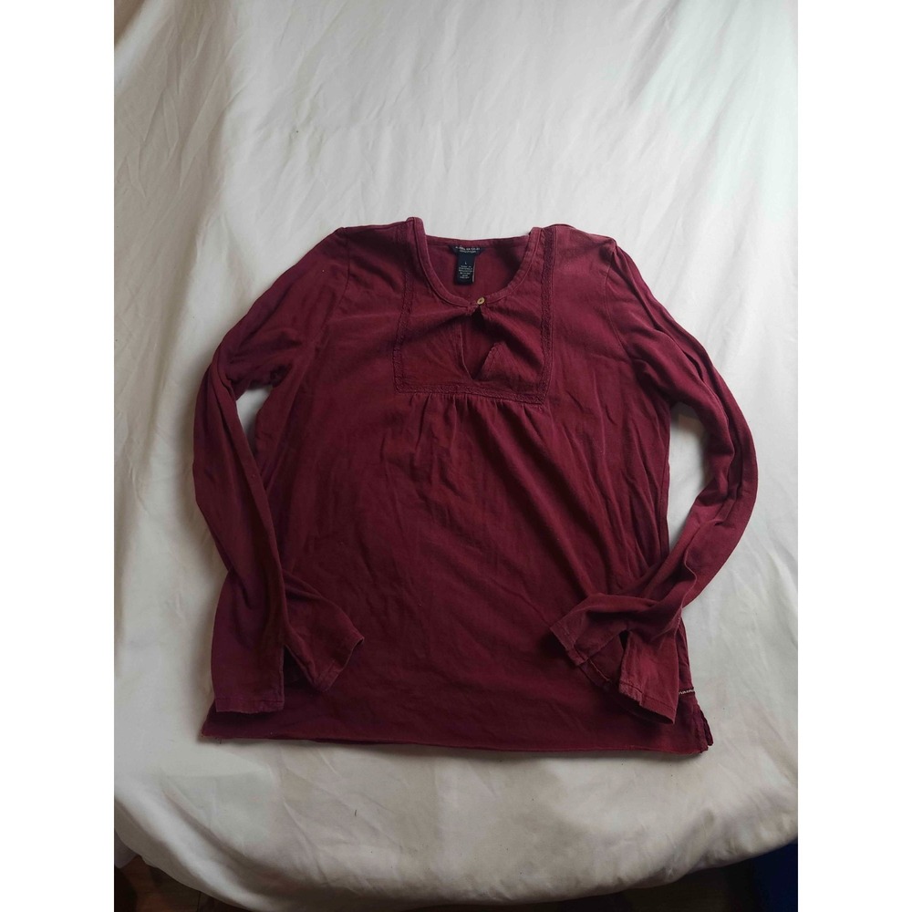 American Eagle Outfitters Shirt Womens Large Red Cotton Keyhole Neck Long Sleeve